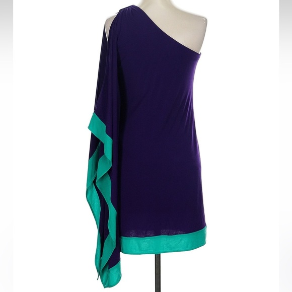 Vintage Cache One-Shoulder Stretch Dress in Purple & Teal Gold Buckle Size XS - Picture 3 of 7